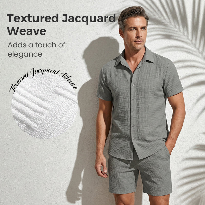 🥳2026 HOT SALE🥳💞50K+ SOLD!💥👴 🍻50% OFF! Men's Jacquard Shirt & Shorts Set – Easy-fit comfort for warm days! Breathable fabric, no ironing needed. Perfect for garden or seaside. ☀️🌿