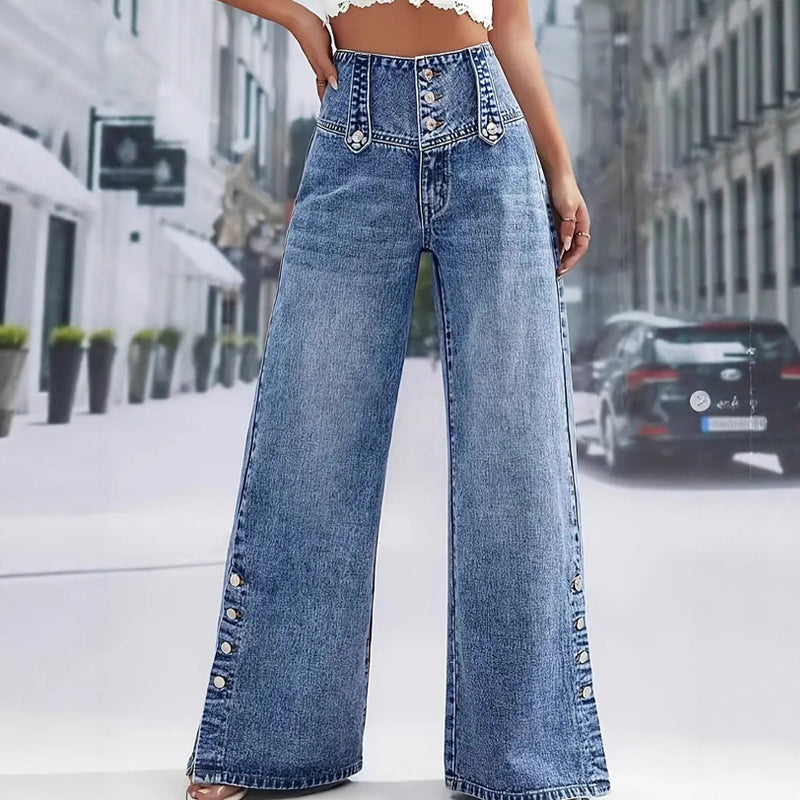 💐50% OFF ! Wide-Leg High-Waist Jeans – Trendy Side Slits & Effortless Style 👖✨【Flash Sale】