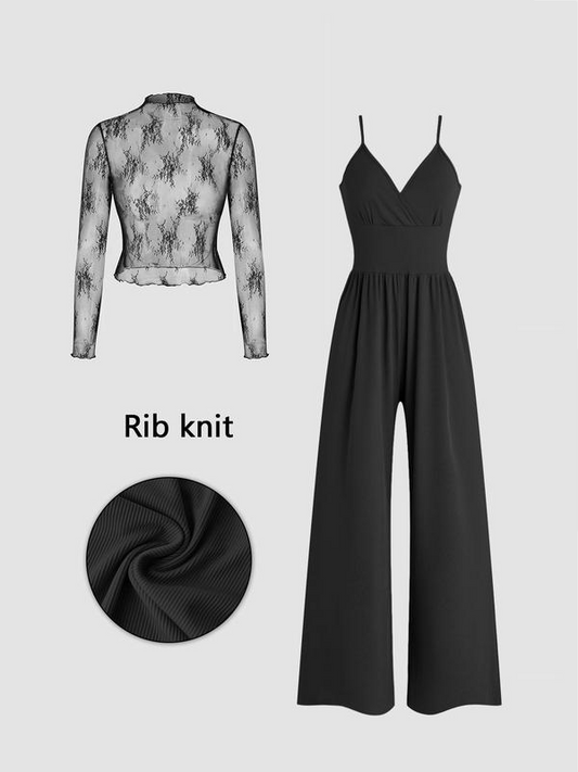 Completo due pezzi da donna: top in pizzo e tuta jumpsuit con tasche