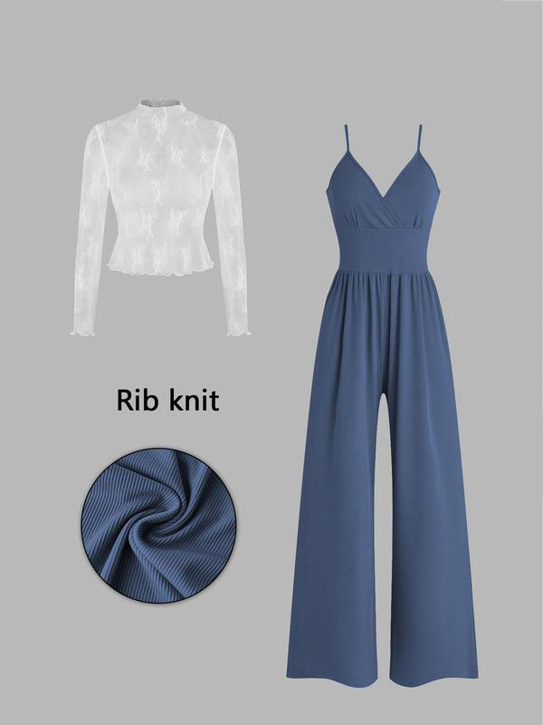 Two-piece set for women: lace top and jumpsuit with pockets