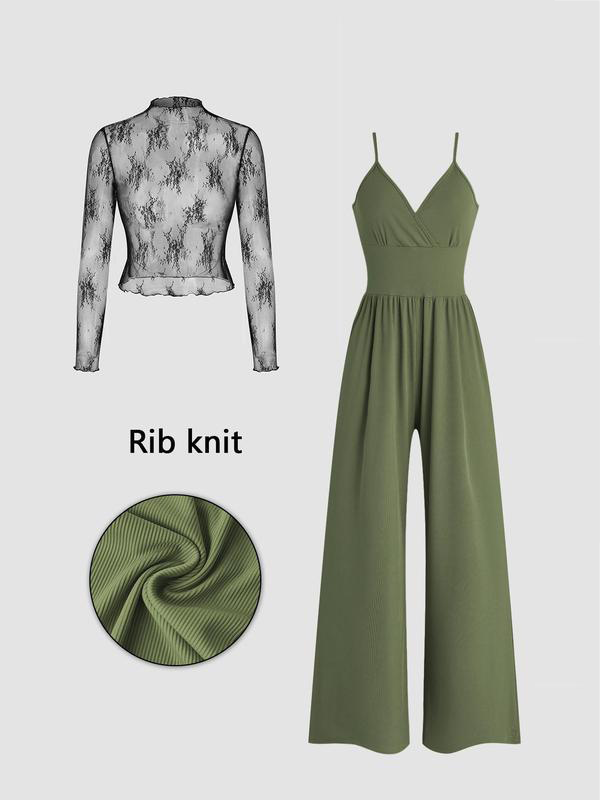 Two-piece set for women: lace top and jumpsuit with pockets
