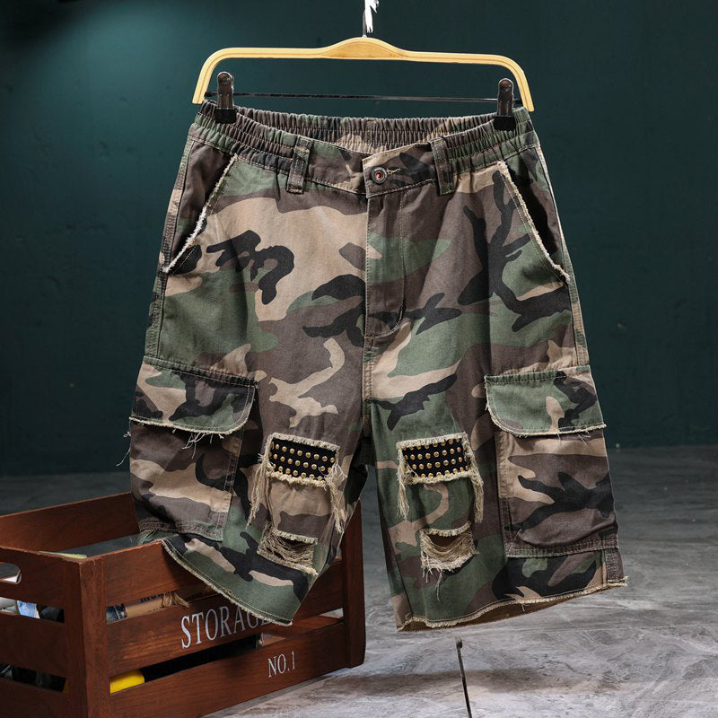 💎 Men's Studded Camo Cargo Shorts – Ripped Design, Gold Stud Accents & Multi-Pocket Utility