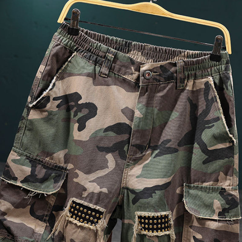 💎 Men's Studded Camo Cargo Shorts – Ripped Design, Gold Stud Accents & Multi-Pocket Utility