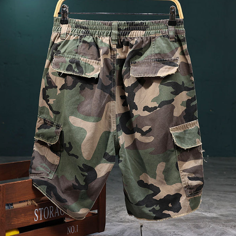 💎 Men's Studded Camo Cargo Shorts – Ripped Design, Gold Stud Accents & Multi-Pocket Utility
