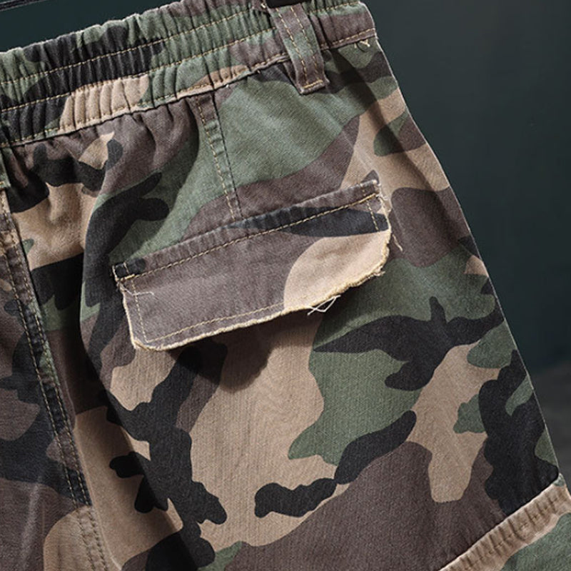 💎 Men's Studded Camo Cargo Shorts – Ripped Design, Gold Stud Accents & Multi-Pocket Utility