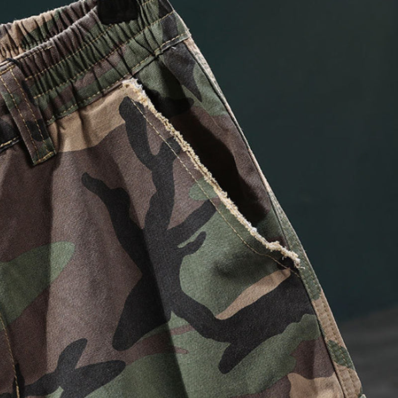 💎 Men's Studded Camo Cargo Shorts – Ripped Design, Gold Stud Accents & Multi-Pocket Utility