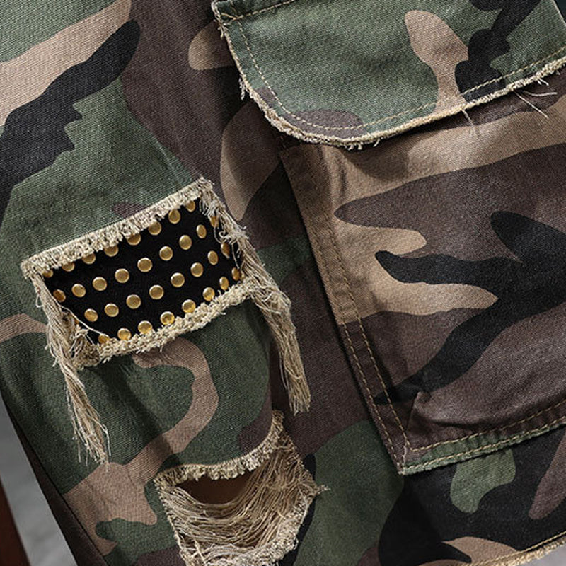 💎 Men's Studded Camo Cargo Shorts – Ripped Design, Gold Stud Accents & Multi-Pocket Utility