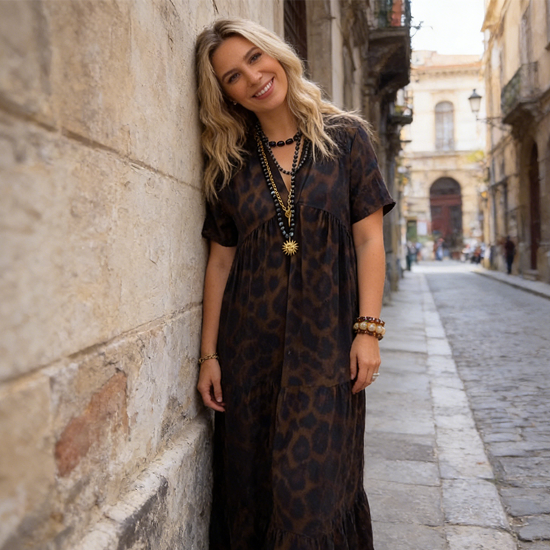 💞New arrival 60% OFF for a Limited Time!!👗Women's V-Neck Leopard Print Maxi Dress With Free Necklace📿💎