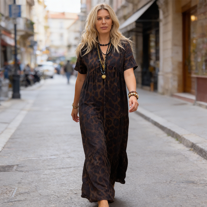 💞New arrival 60% OFF for a Limited Time!!👗Women's V-Neck Leopard Print Maxi Dress With Free Necklace📿💎