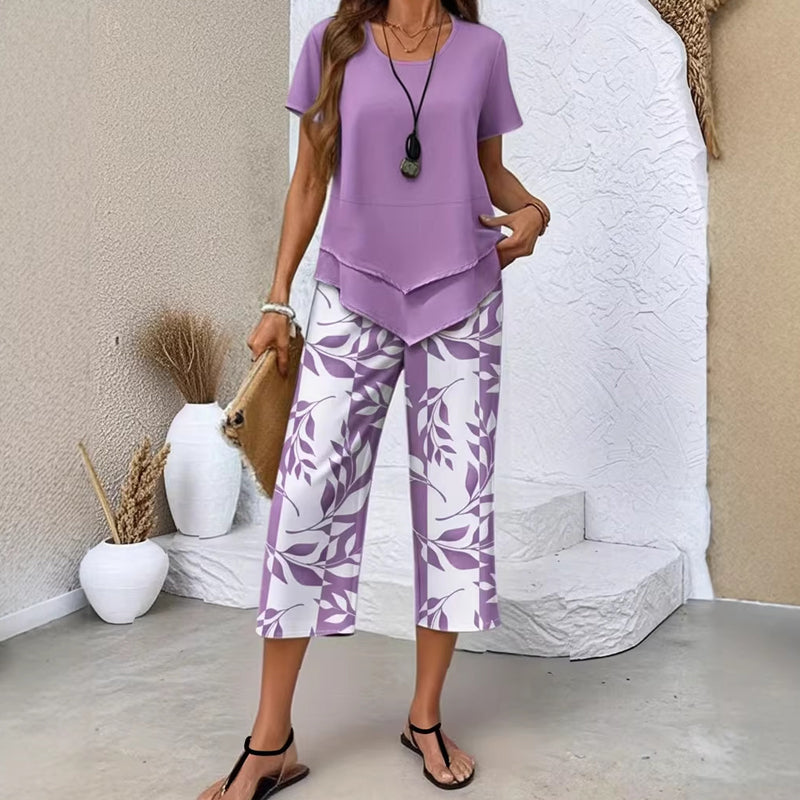 👗 OFFERTA A TEMPO LIMITATO: SCONTO 50%! 🔥 Completo 2 pezzi da donna – Top tunica asimmetrico a strati e pantaloni ampi stampati, Poliestere traspirante ✨