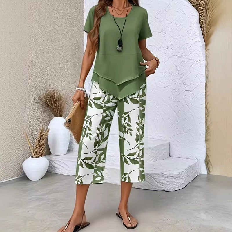 👗 OFFERTA A TEMPO LIMITATO: SCONTO 50%! 🔥 Completo 2 pezzi da donna – Top tunica asimmetrico a strati e pantaloni ampi stampati, Poliestere traspirante ✨