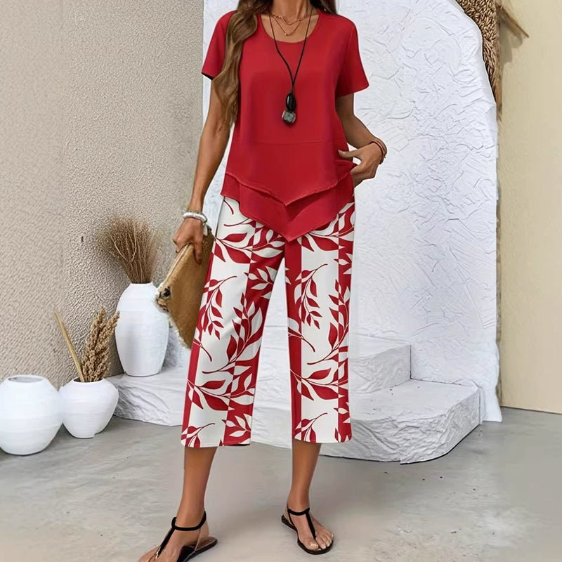 👗 OFFERTA A TEMPO LIMITATO: SCONTO 50%! 🔥 Completo 2 pezzi da donna – Top tunica asimmetrico a strati e pantaloni ampi stampati, Poliestere traspirante ✨