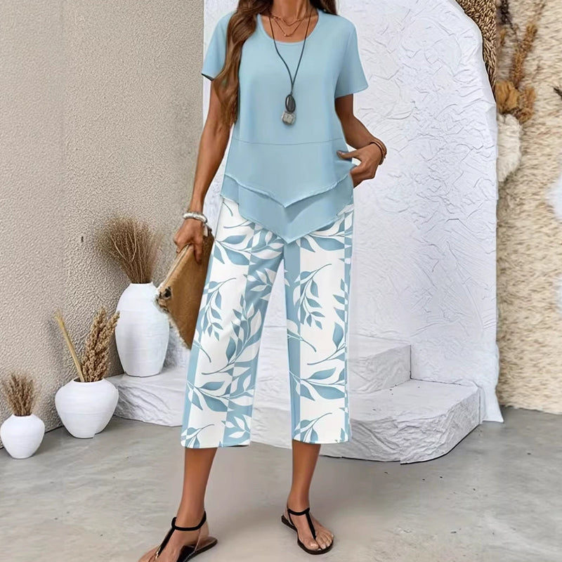 👗 OFFERTA A TEMPO LIMITATO: SCONTO 50%! 🔥 Completo 2 pezzi da donna – Top tunica asimmetrico a strati e pantaloni ampi stampati, Poliestere traspirante ✨