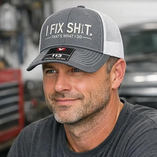 🧢2026 New Arrival😎Mesh Back Trucker Cap with "I Fix Shit" Embroidery – Breathable Outdoor Sun Hat🧢☀️