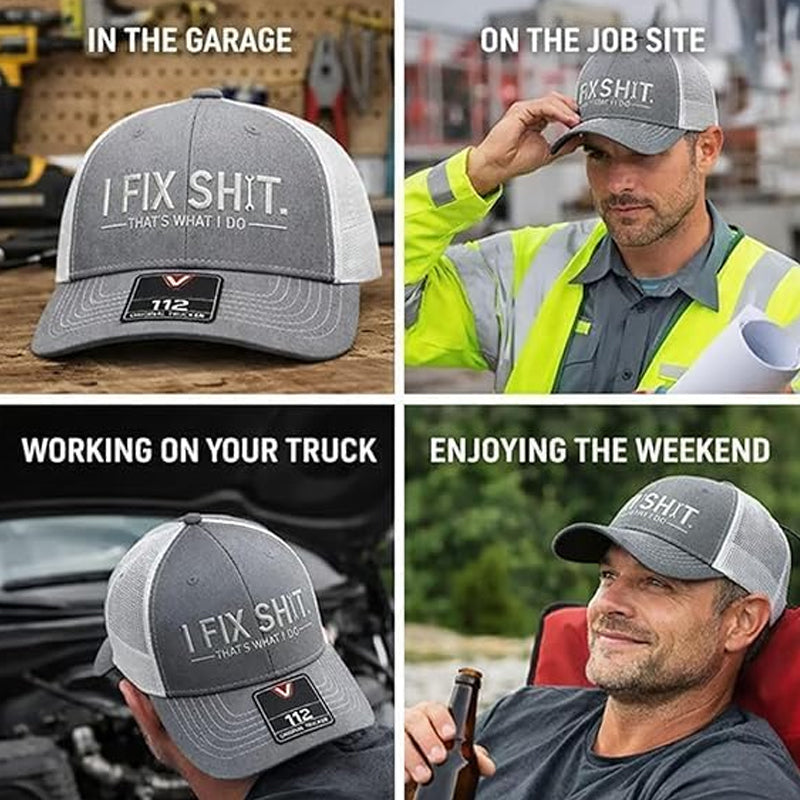 🧢Nuovo arrivo 2026😎Cappellino trucker in rete con ricamo "I Fix Shit" – Cappello da sole traspirante per esterni🧢☀️