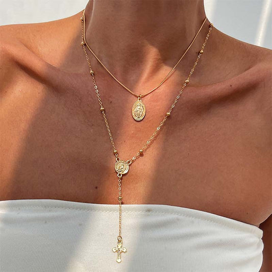 🌸Collane a strati con croce in oro da donna