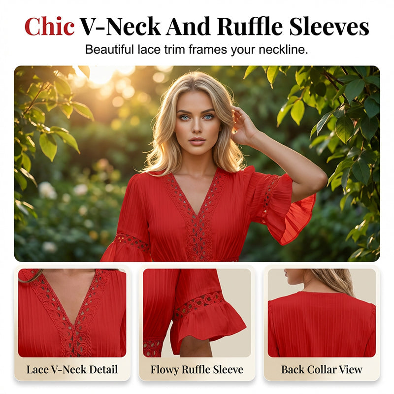 Chic V-Neck Dress with Lace Cutout Details