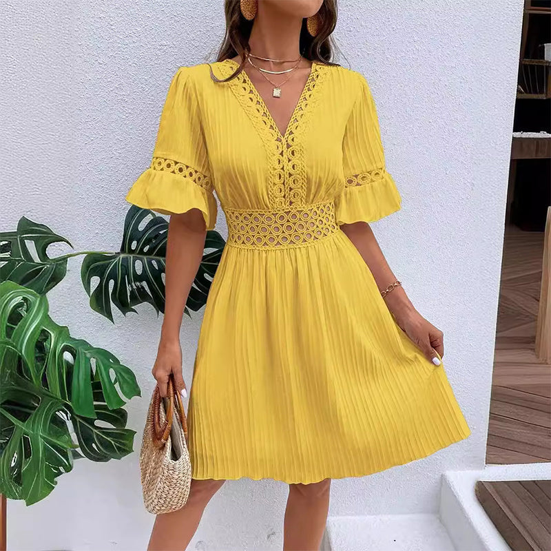 Chic V-Neck Dress with Lace Cutout Details