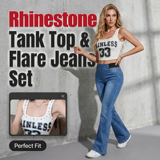 Top chic in strass e jeans svasati set di 2 pezzi