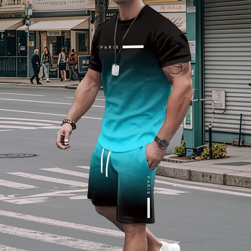 Men's Gradient Color T-Shirt & Shorts Set