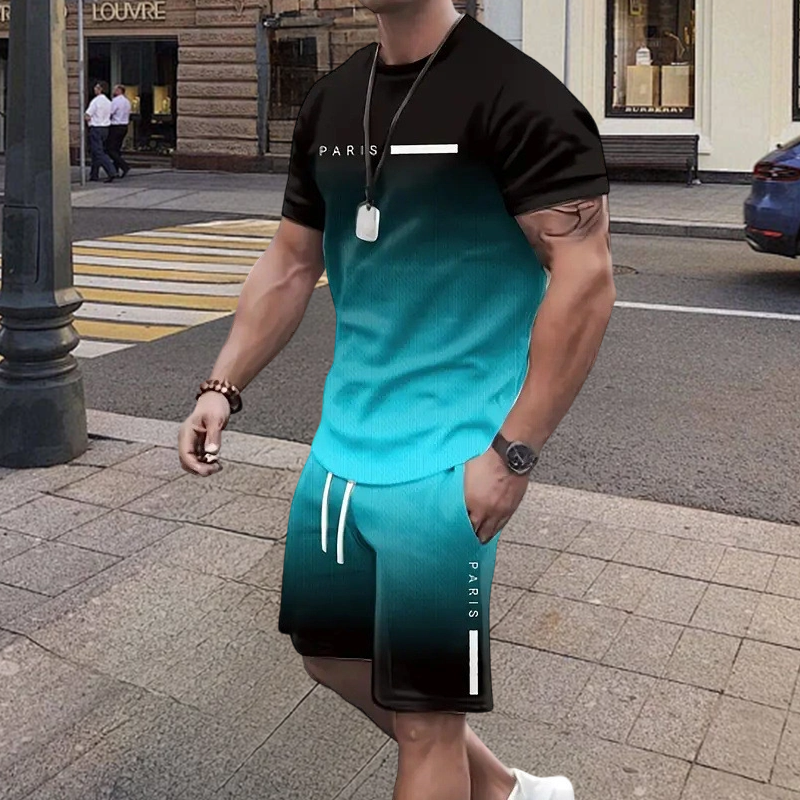 Men's Gradient Color T-Shirt & Shorts Set